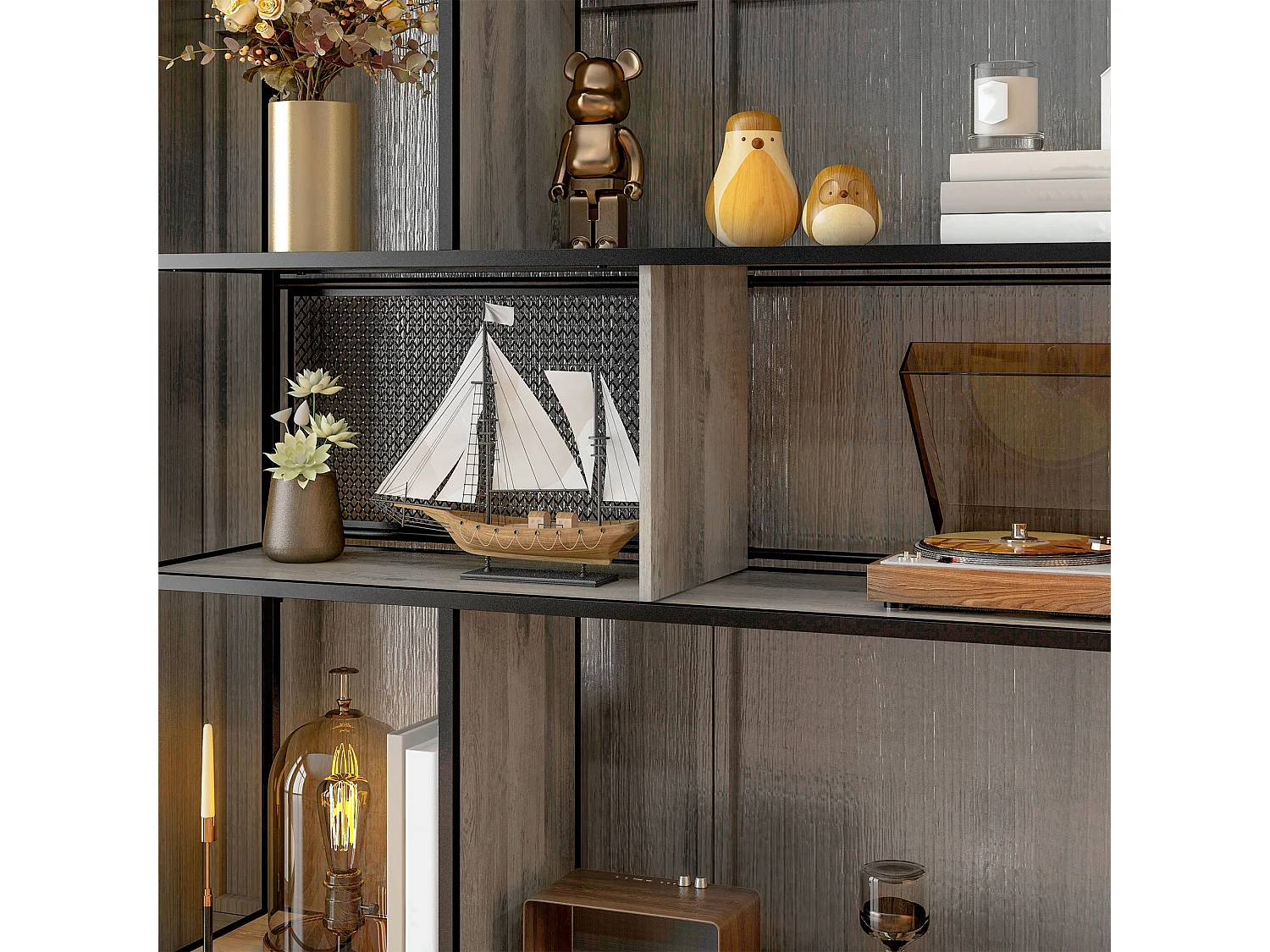 Scaffale libreria a 5 livelli in acciaio e truciolato nero grigio