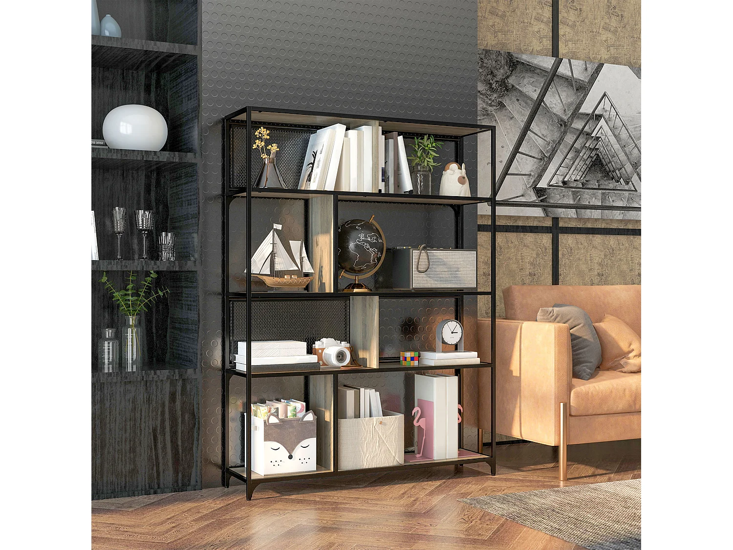 Scaffale libreria a 5 livelli in acciaio e truciolato nero grigio