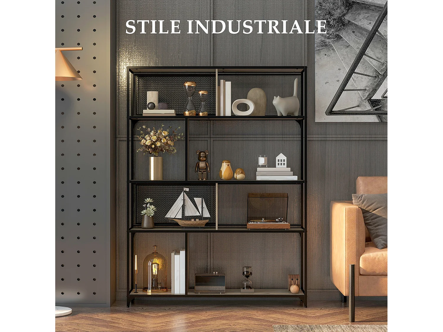 Scaffale libreria a 5 livelli in acciaio e truciolato nero grigio