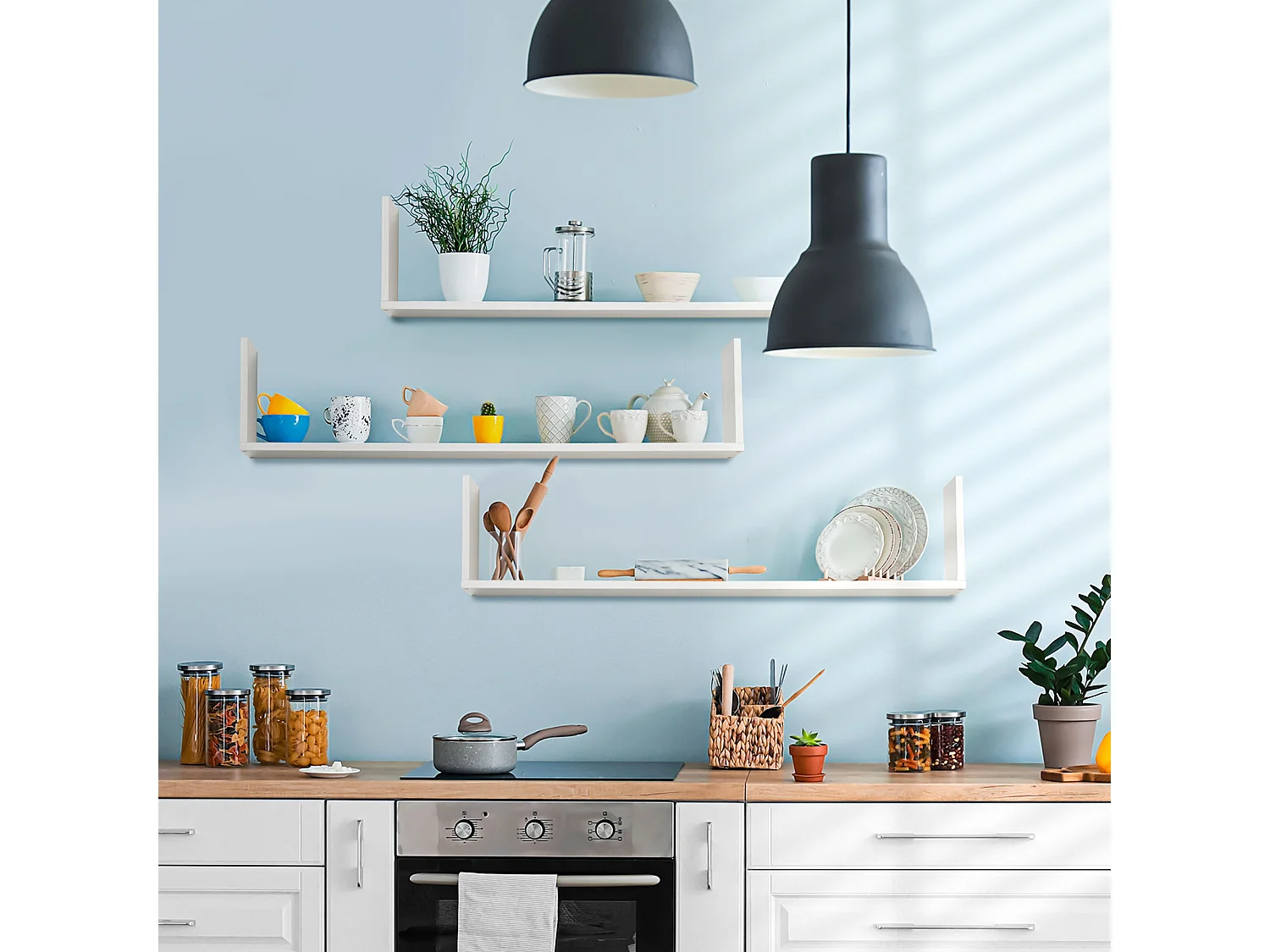 Set 3 mensole da parete portaoggetti in legno 80x18x18 cm bianco