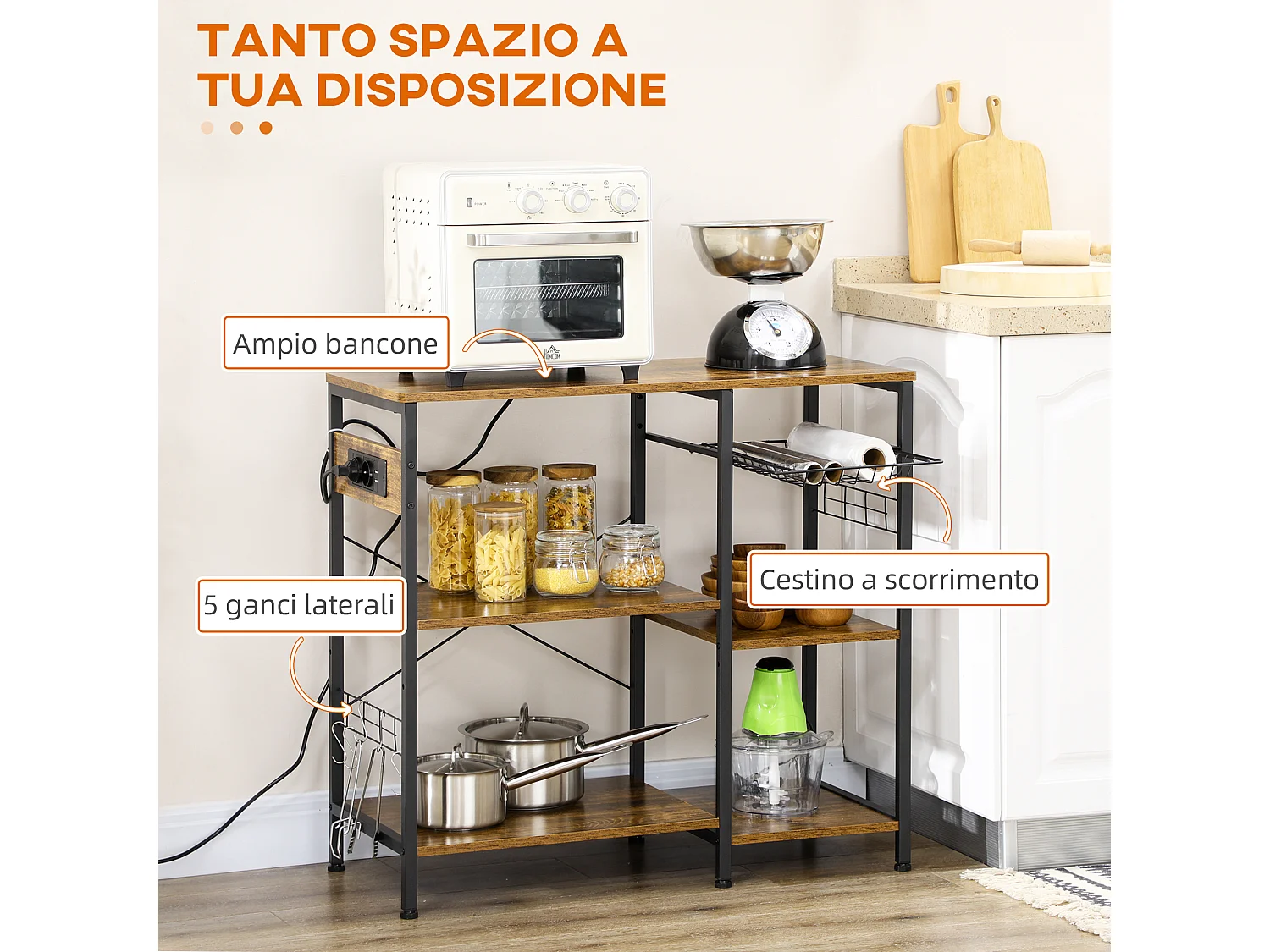 Mobile da cucina con presa e porta usb 90x40x83cm marrone