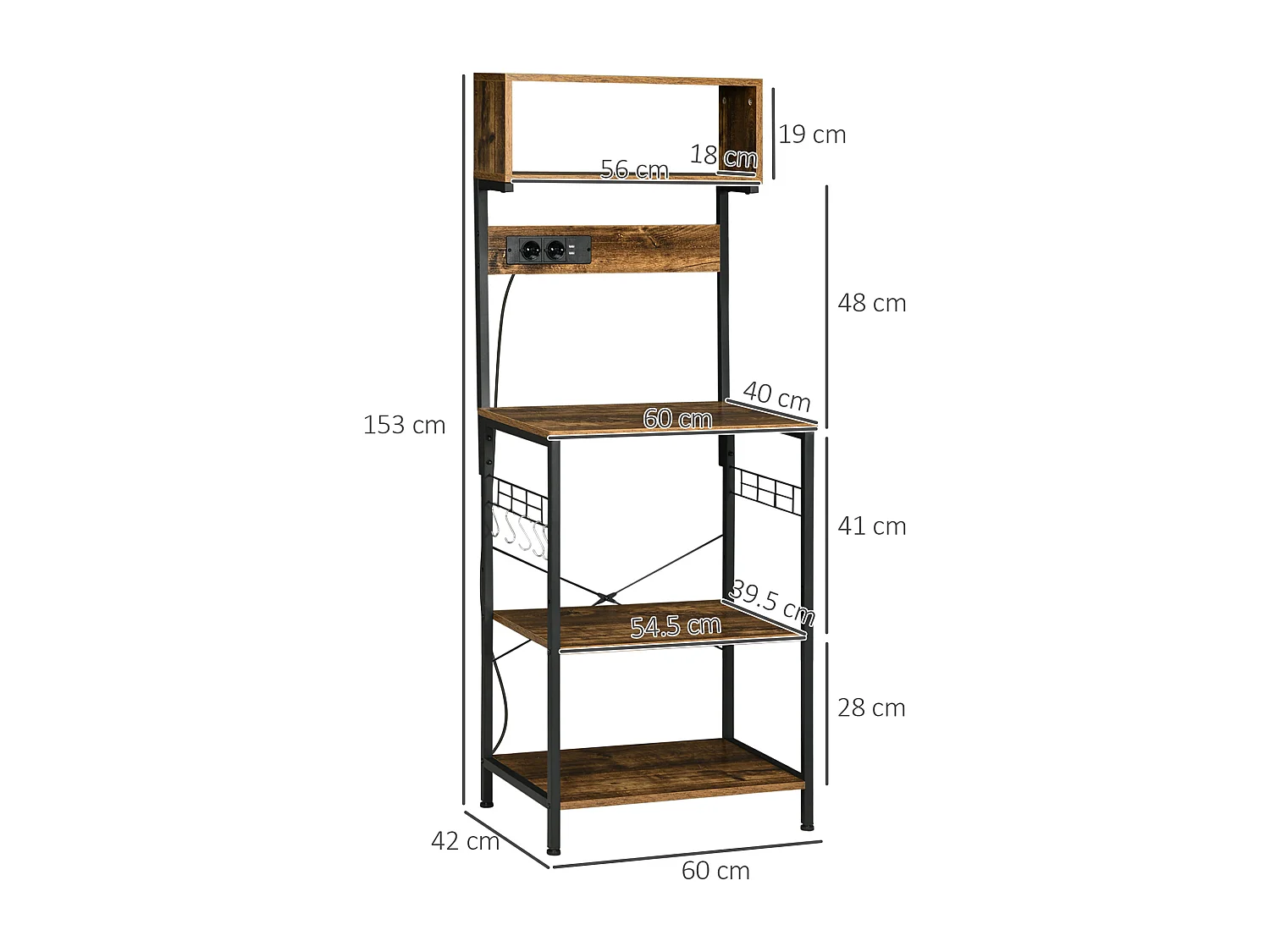 Mobile cucina con multipresa ripiani e ganci acciaio e legno marrone
