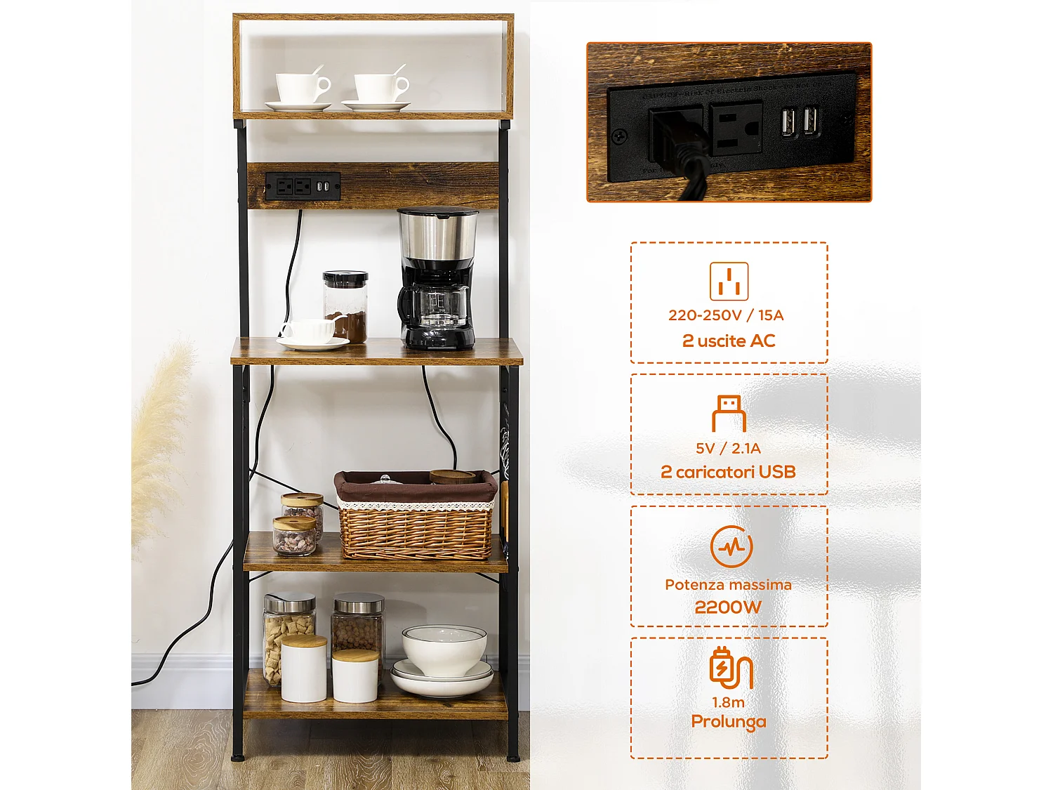 Mobile cucina con multipresa ripiani e ganci acciaio e legno marrone