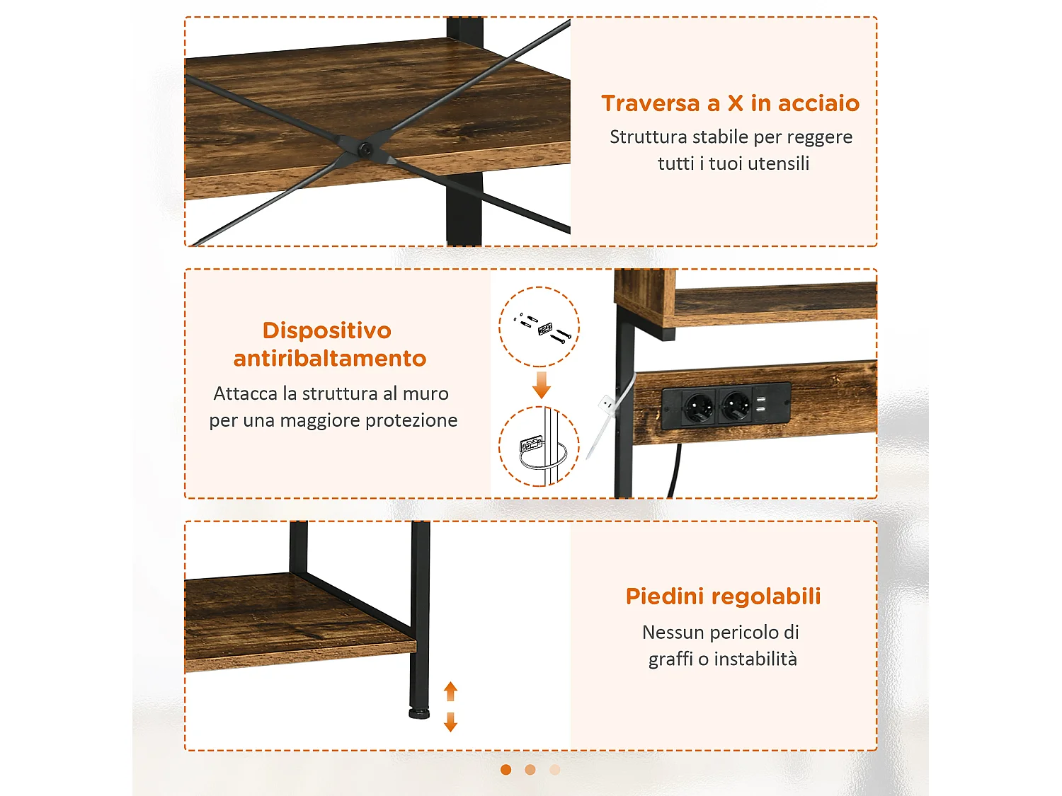 Mobile cucina con multipresa ripiani e ganci acciaio e legno marrone