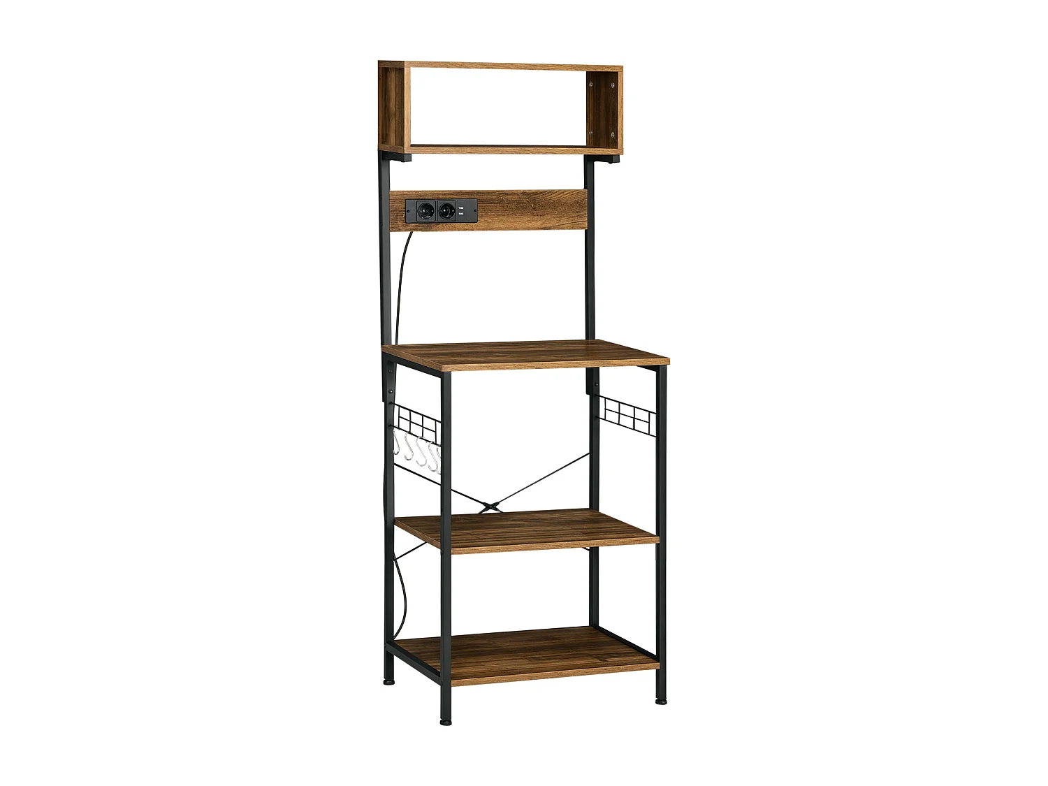 Mobile cucina con multipresa ripiani e ganci acciaio e legno marrone