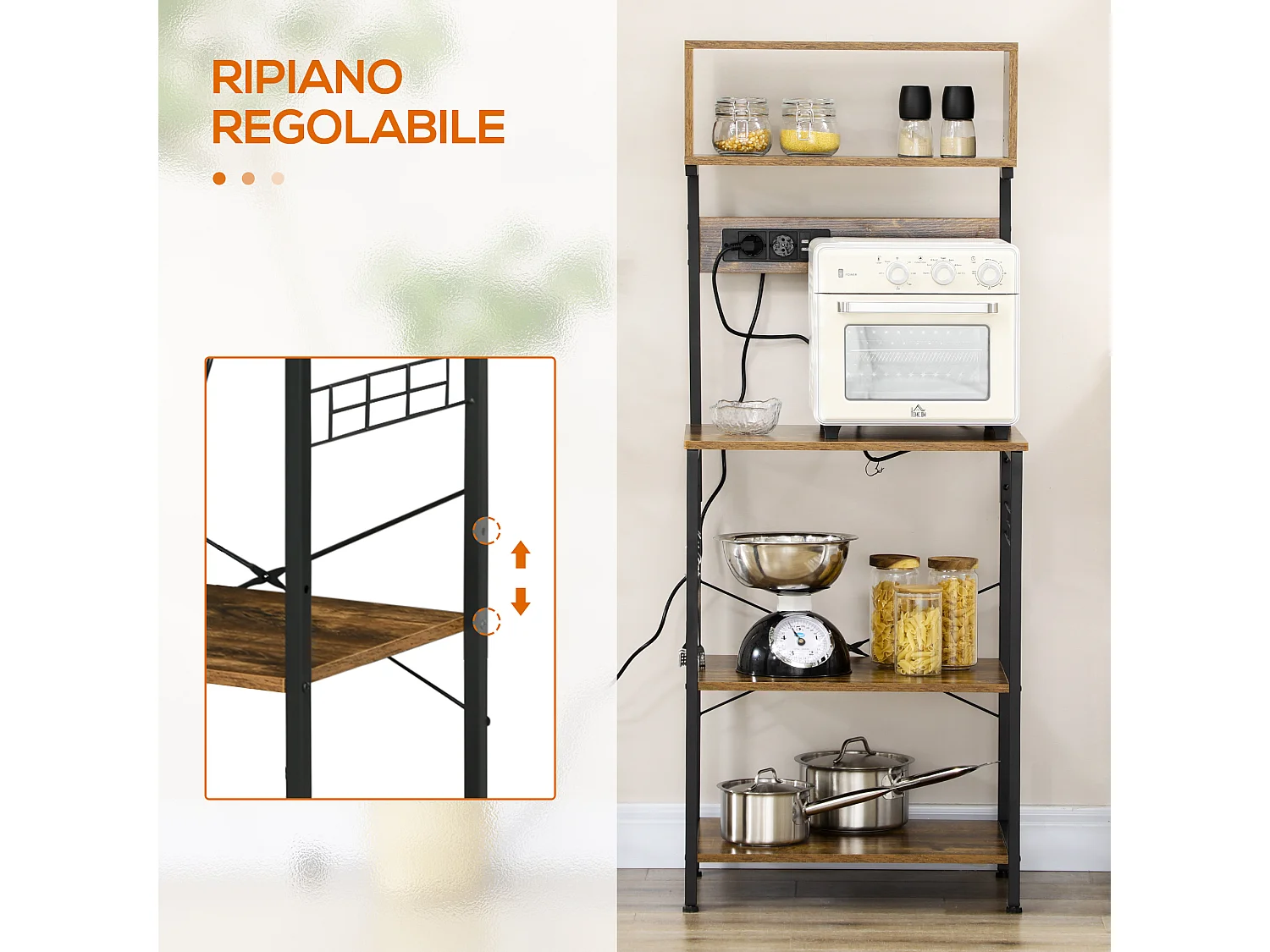 Mobile cucina con multipresa ripiani e ganci acciaio e legno marrone