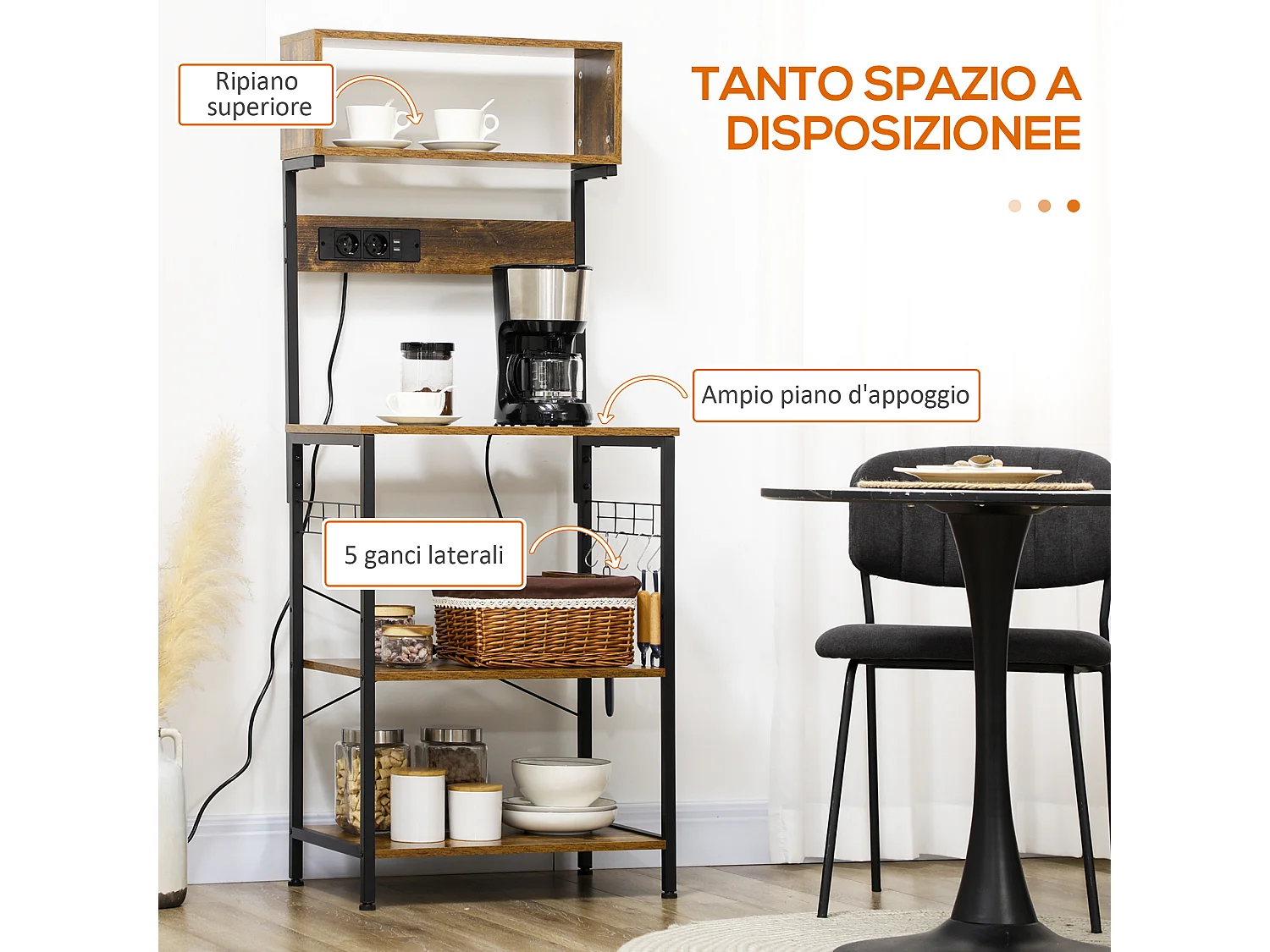 Mobile cucina con multipresa ripiani e ganci acciaio e legno marrone