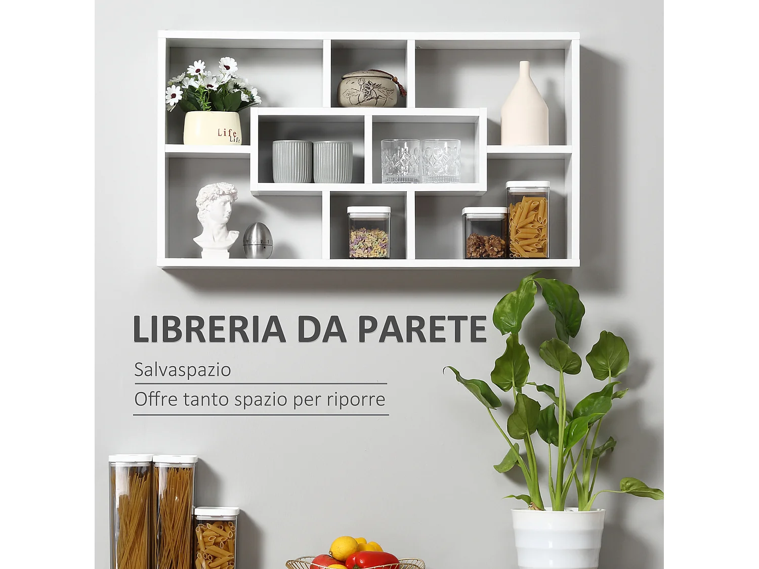 Pensile libreria da parete a 8 ripiani 85x14.5x47.5 cm bianco