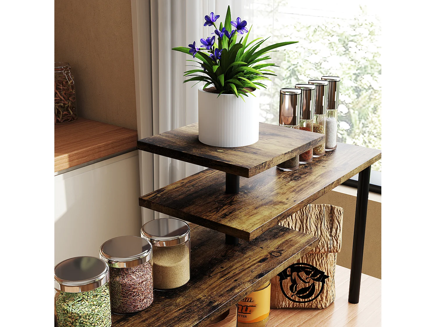 Scaffale cucina a 3 livelli girevoli marrone rustico