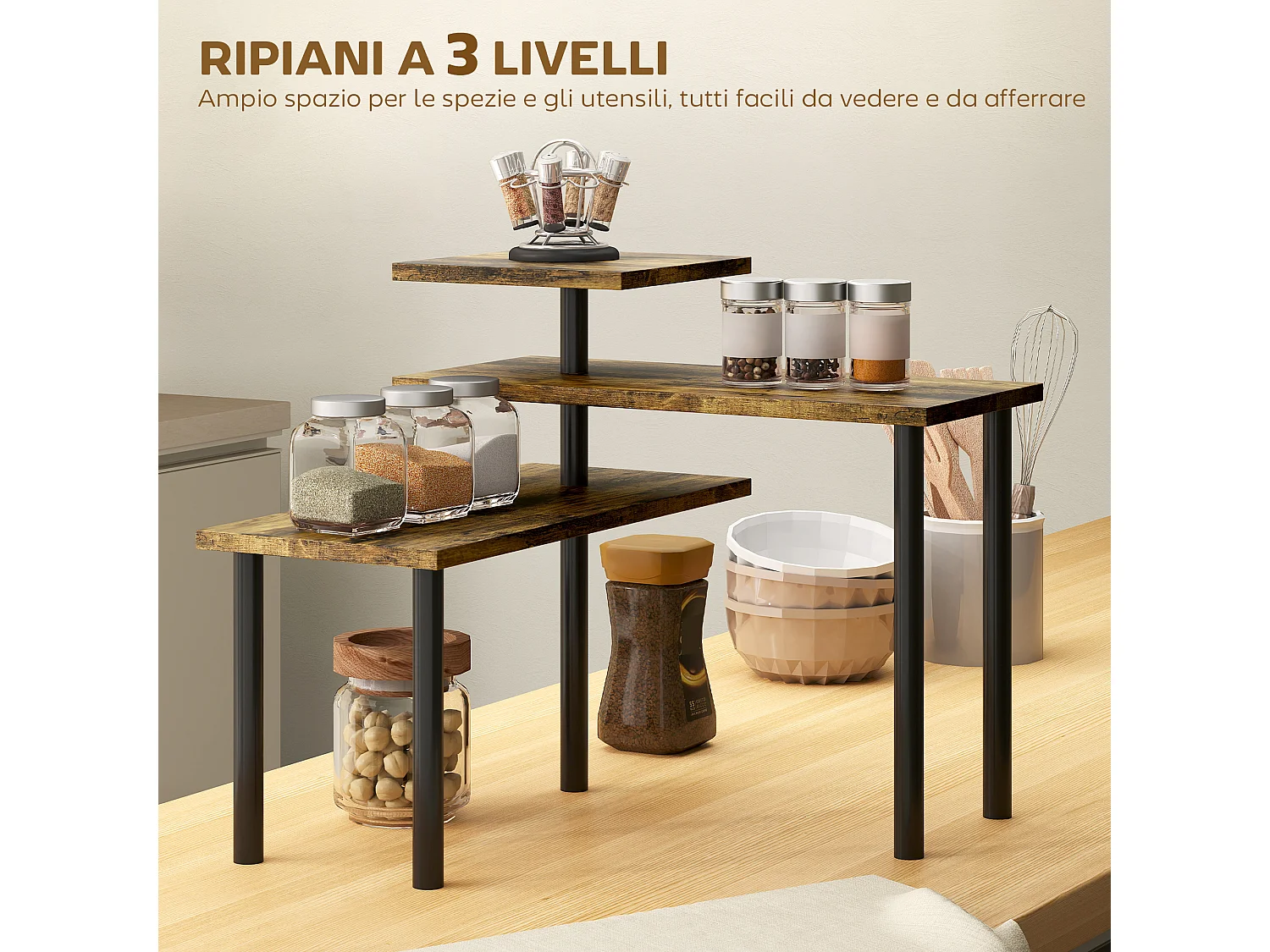Scaffale cucina a 3 livelli girevoli marrone rustico