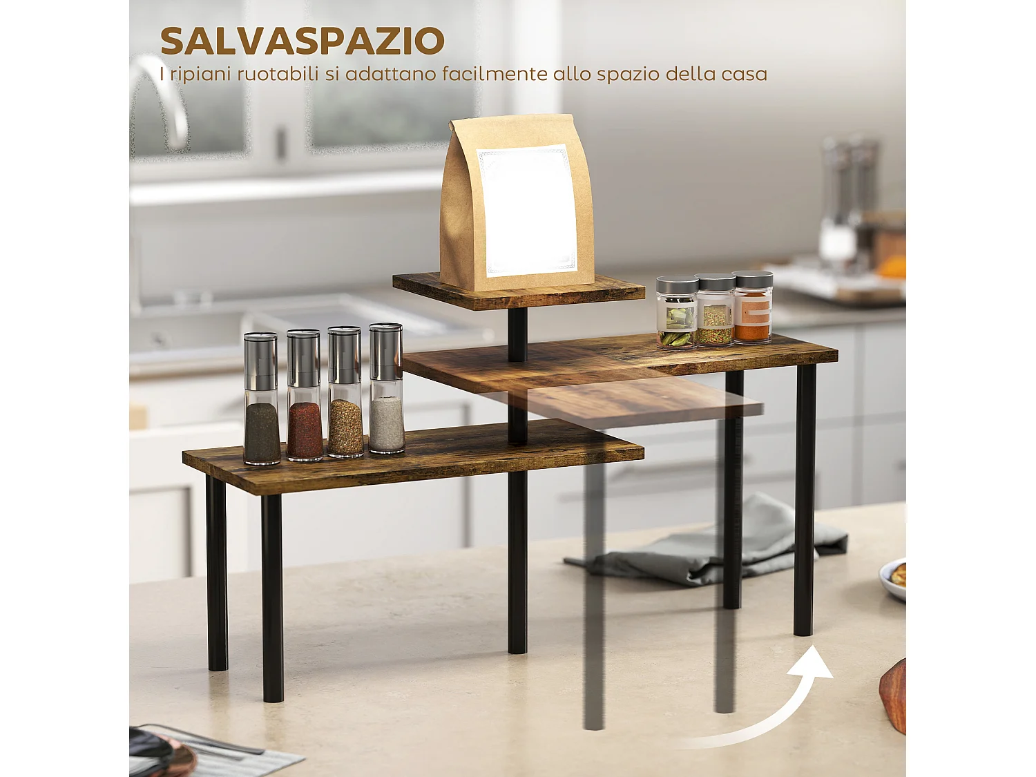 Scaffale cucina a 3 livelli girevoli marrone rustico