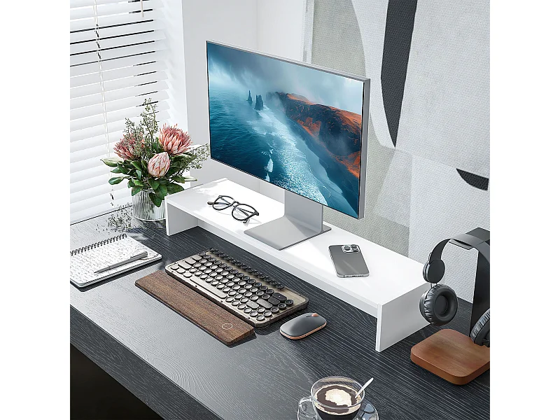 Supporto per monitor con 2 vani contenitore in legno bianco