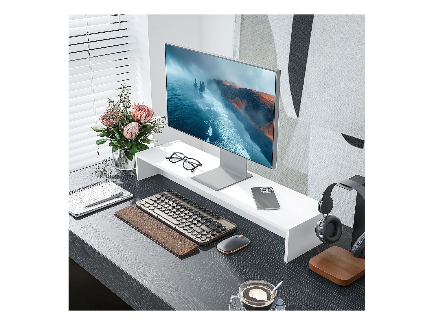 Supporto per monitor con 2 vani contenitore in legno bianco