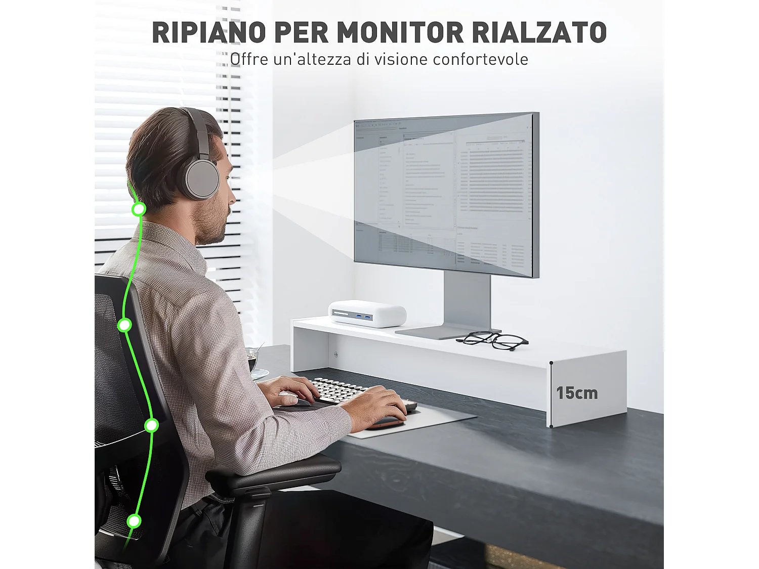 Supporto per monitor con 2 vani contenitore in legno bianco