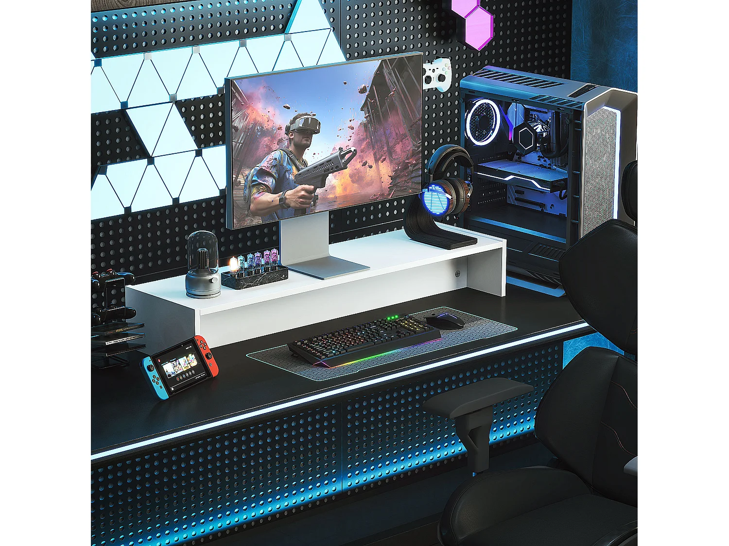 Supporto per monitor con 2 vani contenitore in legno bianco