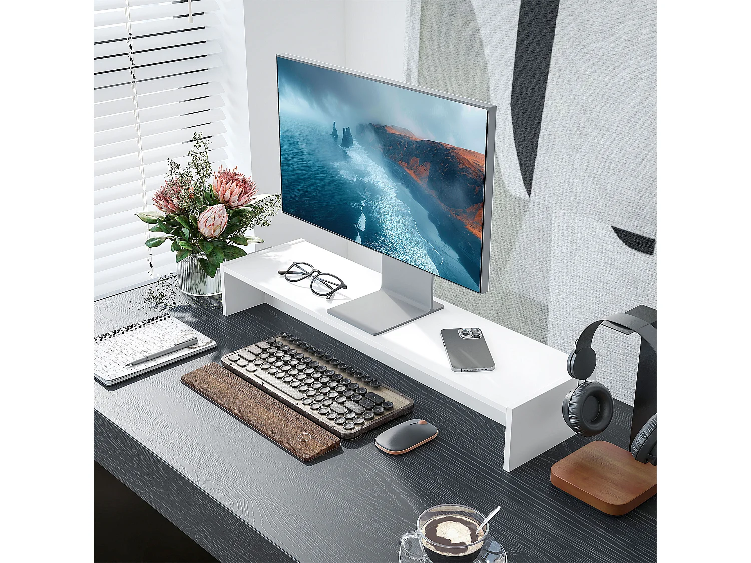 Supporto per monitor con 2 vani contenitore in legno bianco