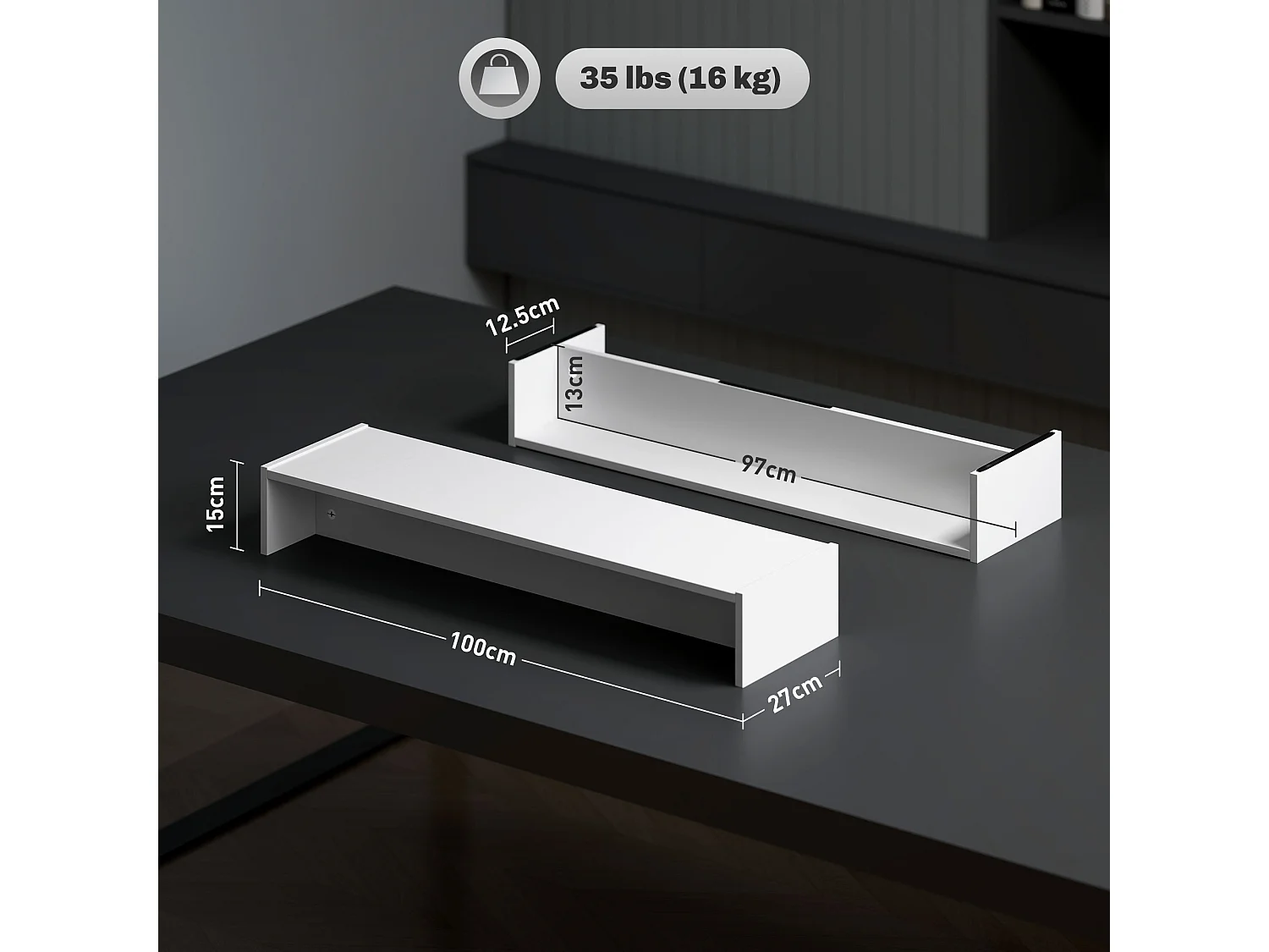 Supporto per monitor con 2 vani contenitore in legno bianco