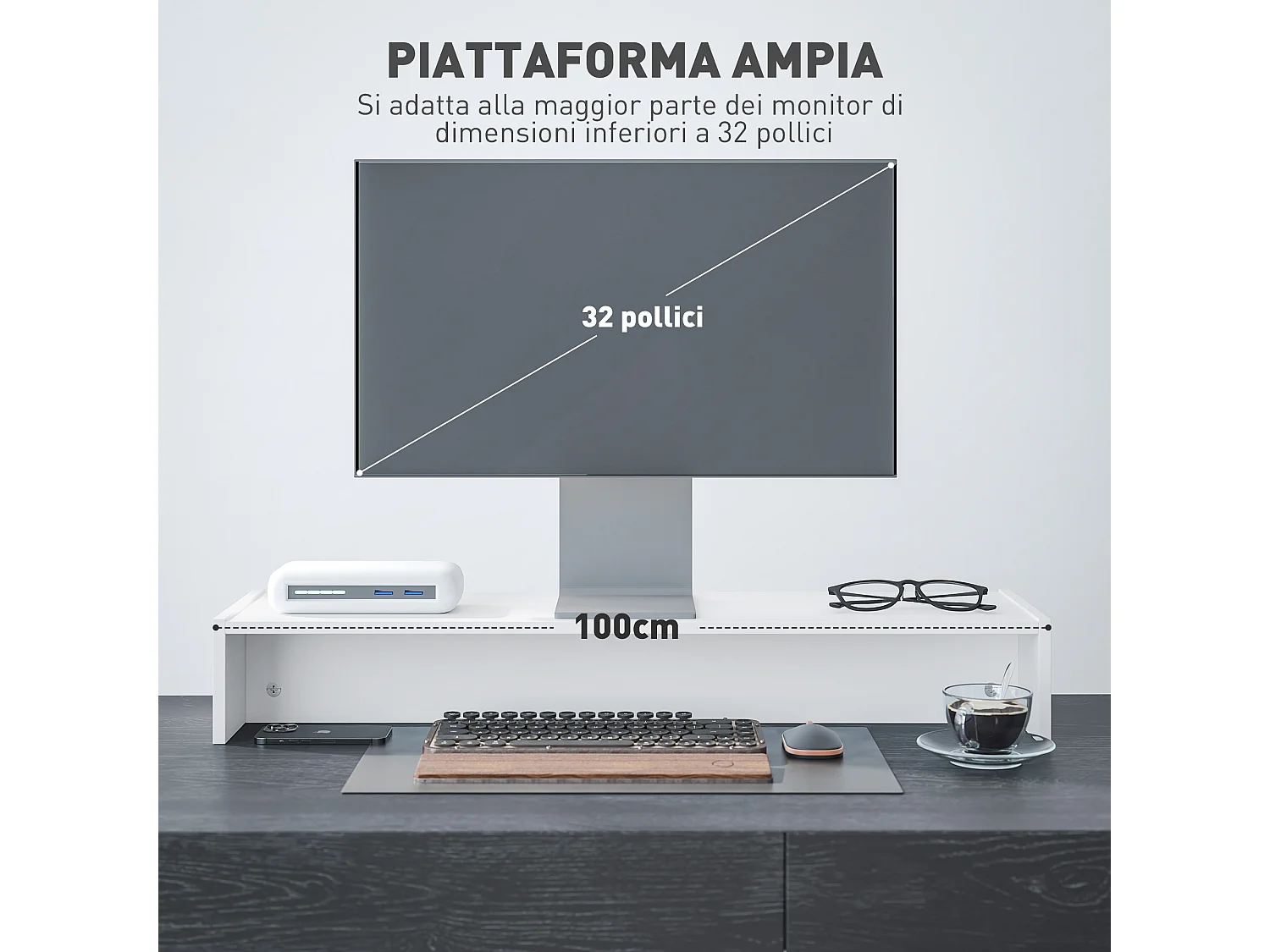 Supporto per monitor con 2 vani contenitore in legno bianco