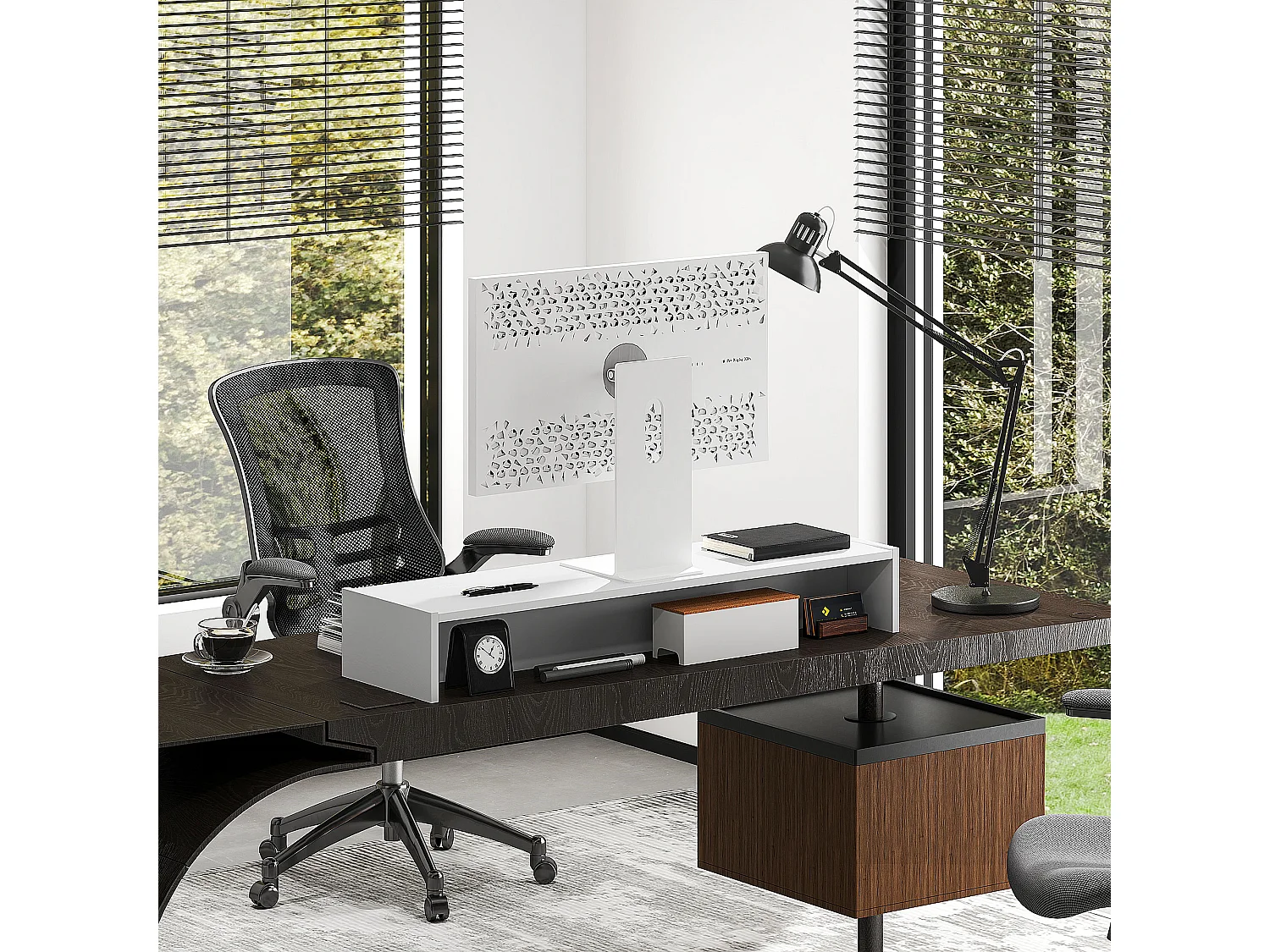 Supporto per monitor con 2 vani contenitore in legno bianco