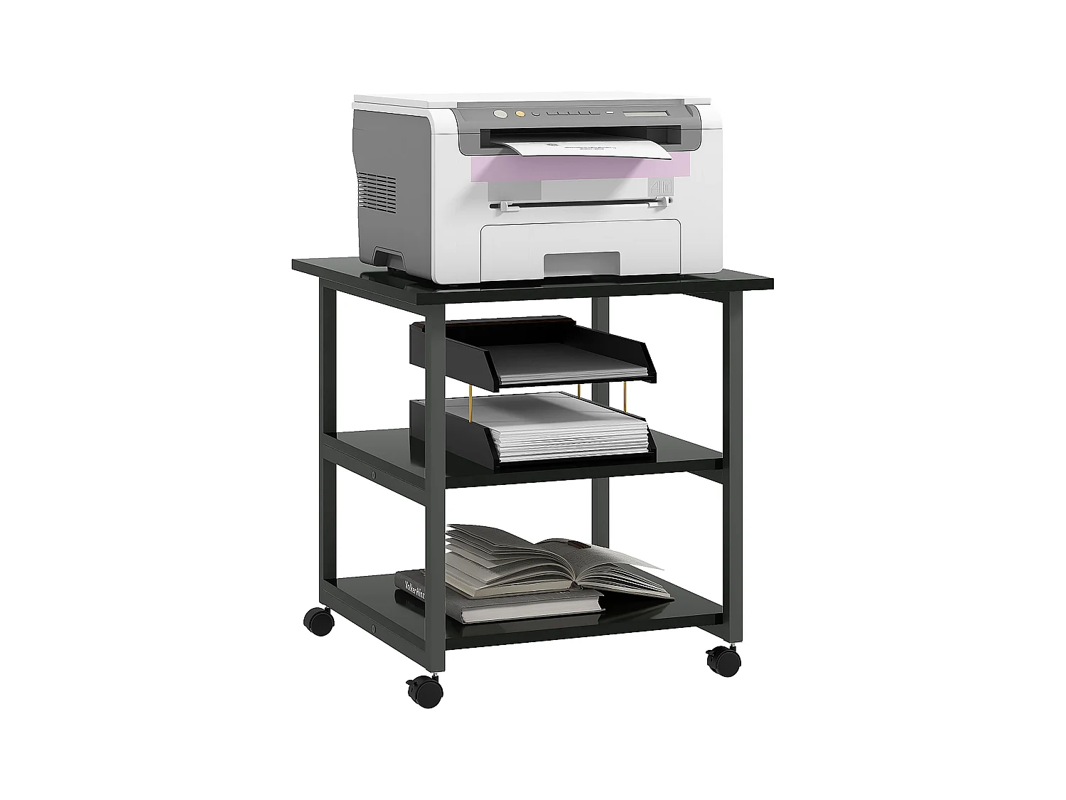 Carrello porta stampante a 3 ripiani con 4 ruote nero
