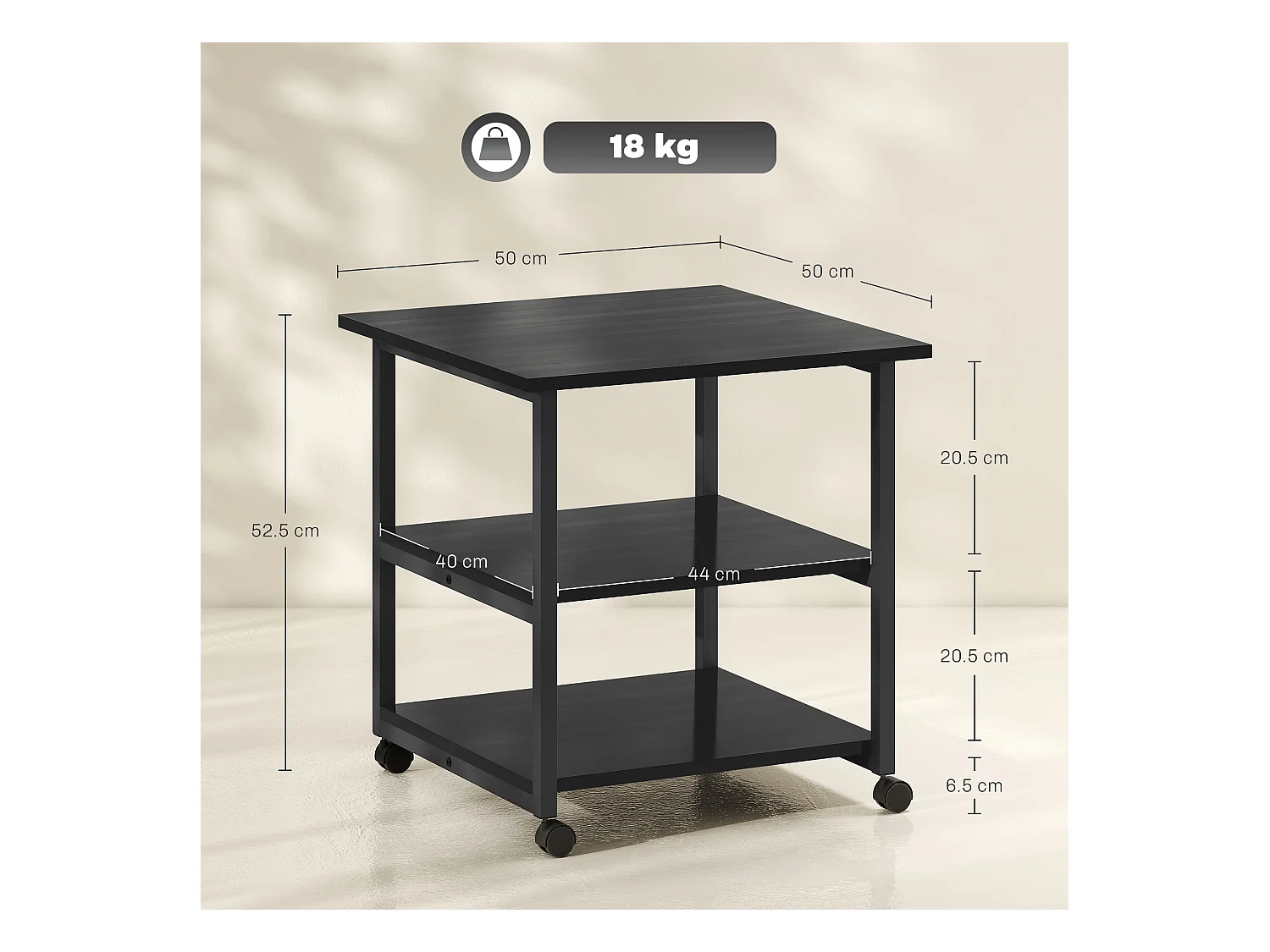 Carrello porta stampante a 3 ripiani con 4 ruote nero