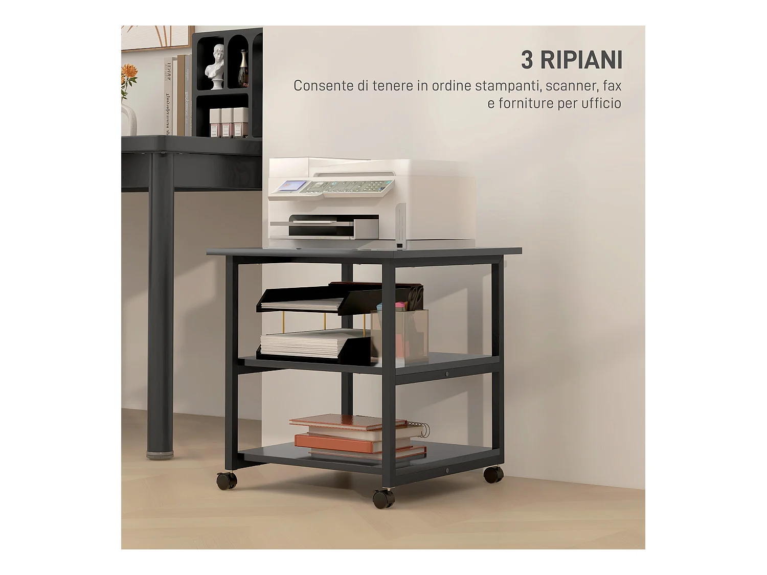 Carrello porta stampante a 3 ripiani con 4 ruote nero
