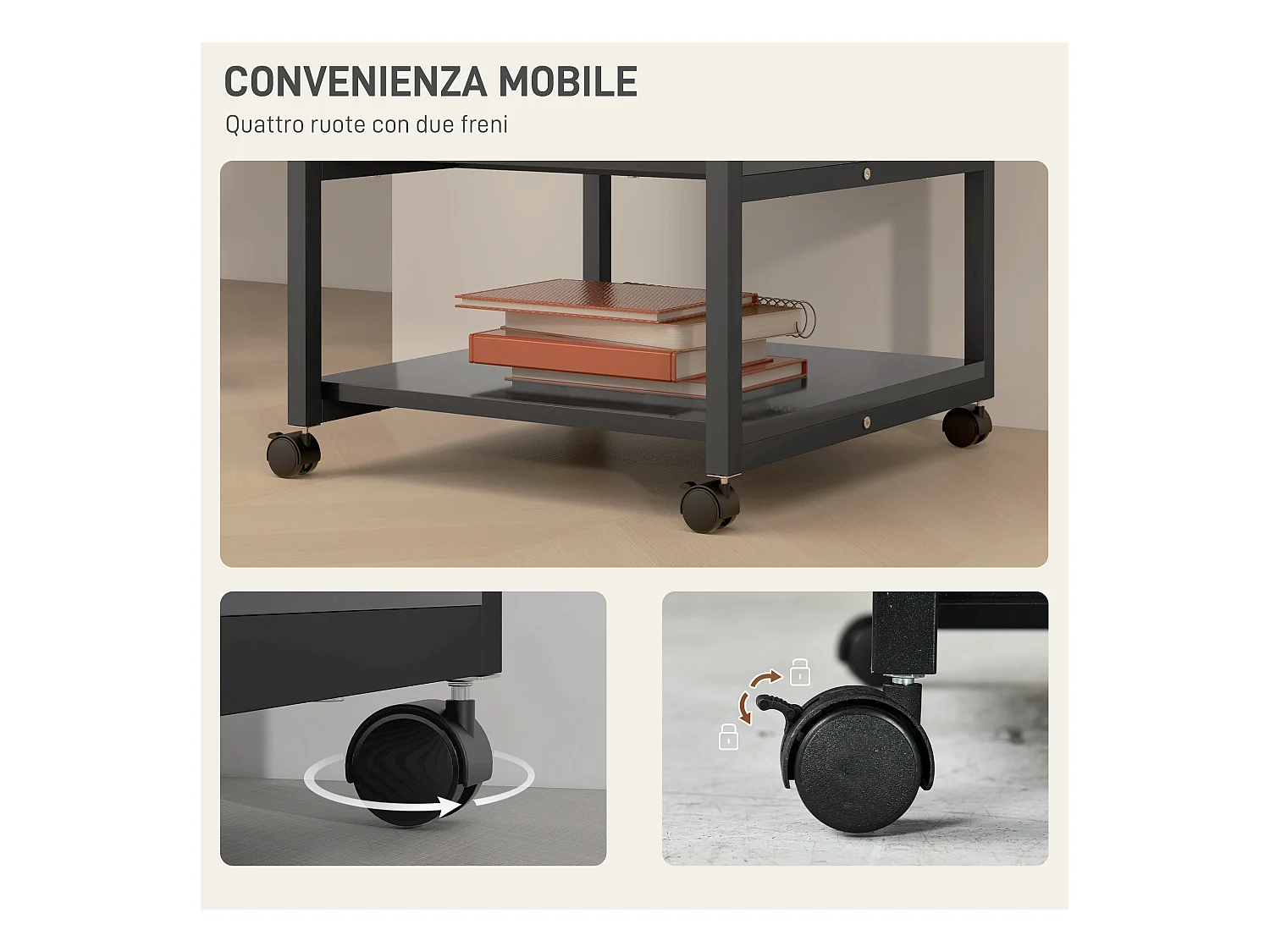 Carrello porta stampante a 3 ripiani con 4 ruote nero