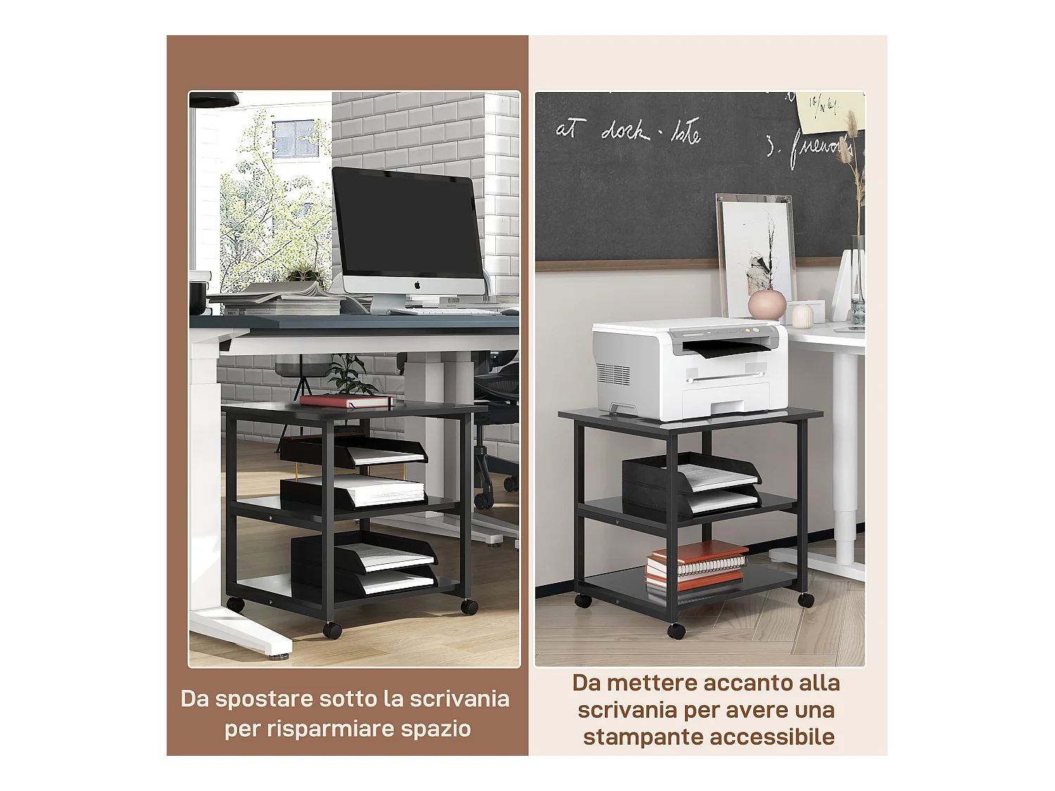 Carrello porta stampante a 3 ripiani con 4 ruote nero