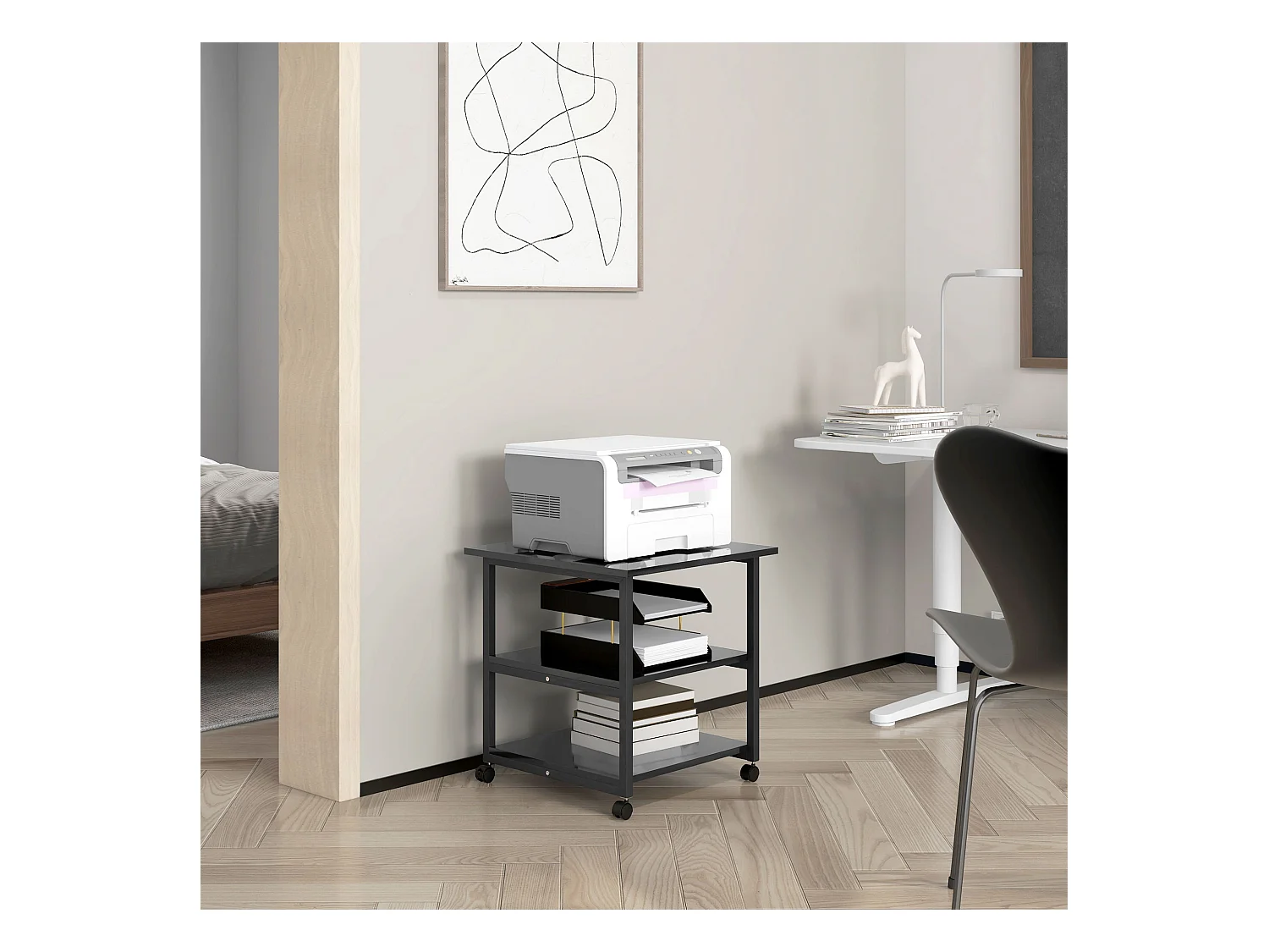 Carrello porta stampante a 3 ripiani con 4 ruote nero