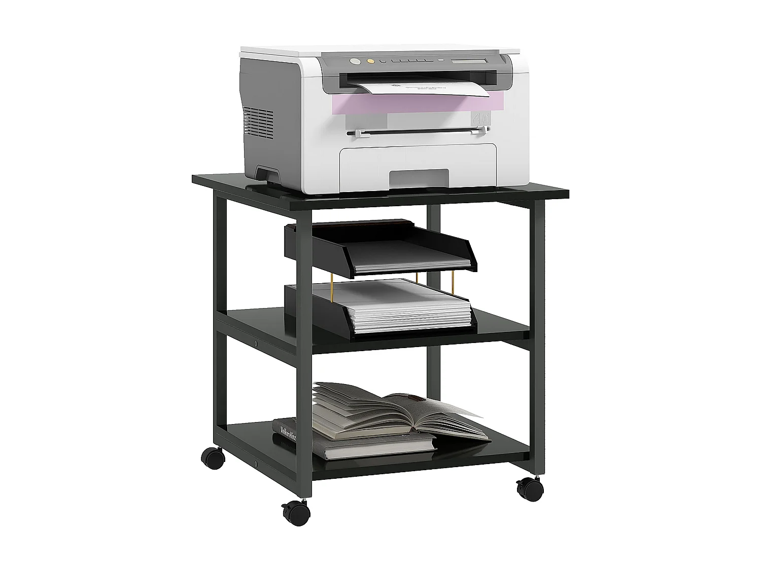 Carrello porta stampante a 3 ripiani con 4 ruote nero