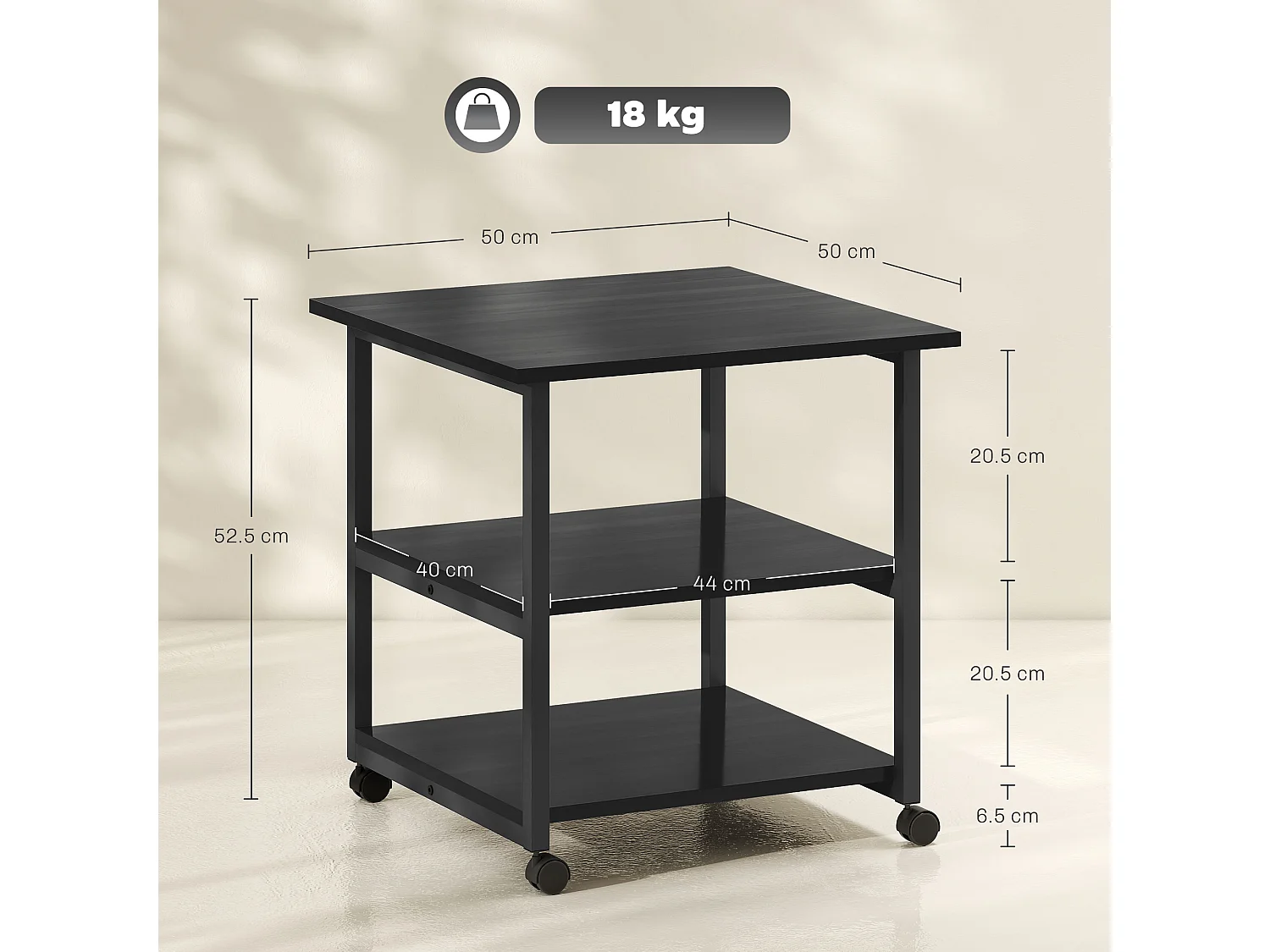 Carrello porta stampante a 3 ripiani con 4 ruote nero