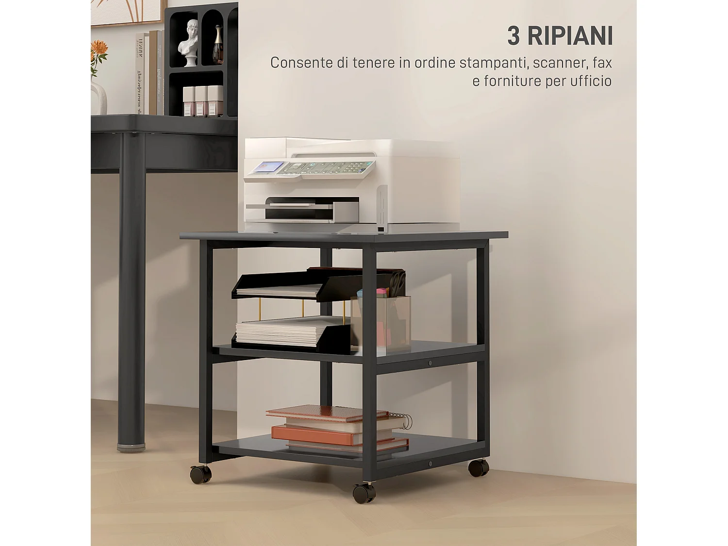 Carrello porta stampante a 3 ripiani con 4 ruote nero