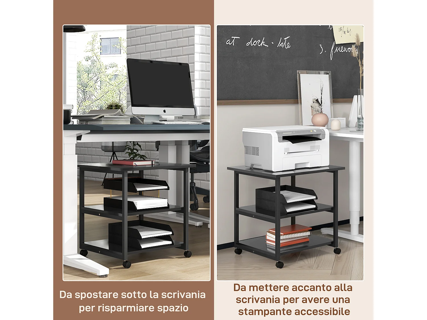 Carrello porta stampante a 3 ripiani con 4 ruote nero