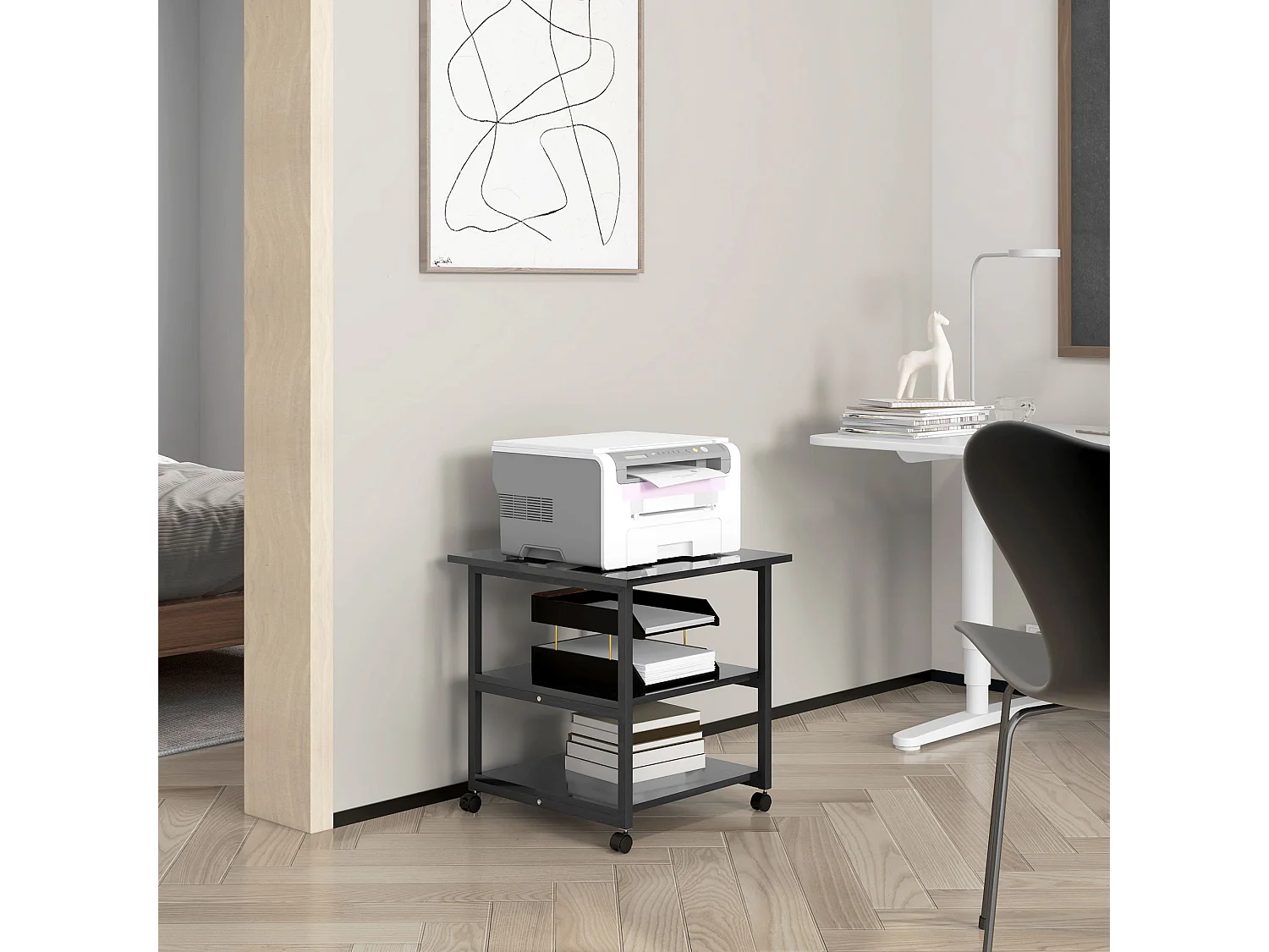 Carrello porta stampante a 3 ripiani con 4 ruote nero