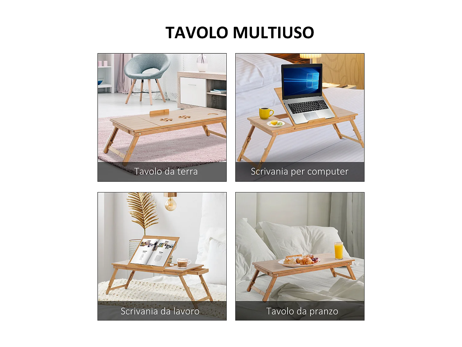 Tavolino da letto per pc pieghevole e regolabile con cassetto in legno