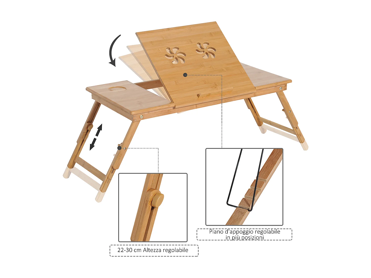 Tavolino da letto per pc pieghevole e regolabile con cassetto in legno