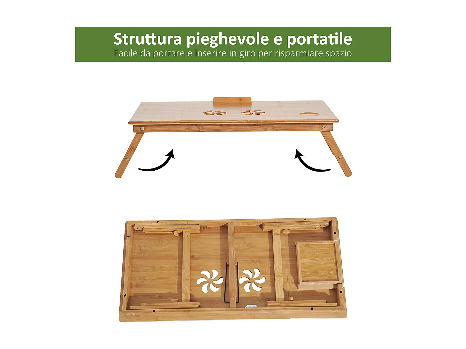 Tavolino da letto per pc pieghevole e regolabile con cassetto in legno