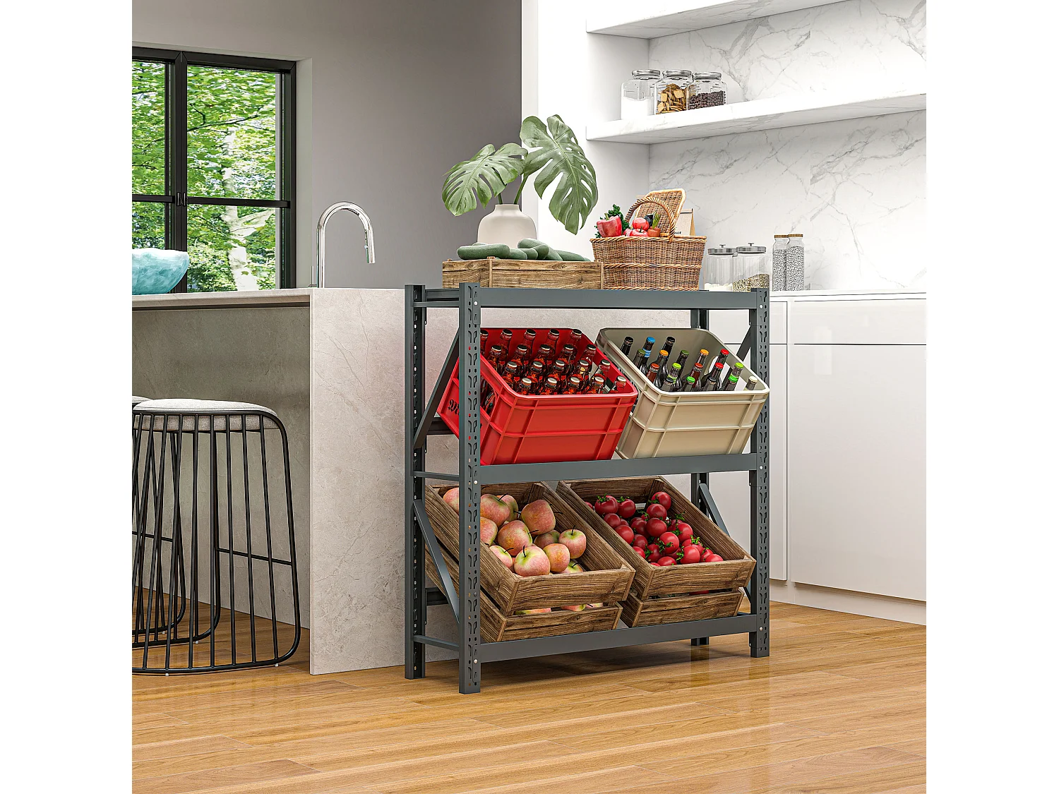 Scaffale per 6 casse di bevande a 3 livelli regolabili grigio