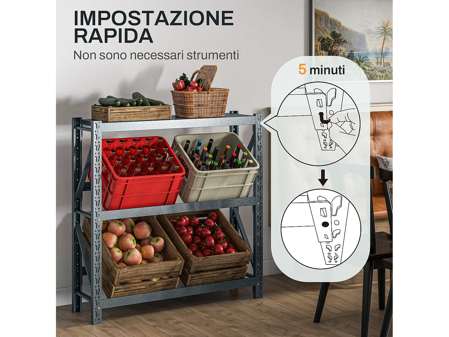 Scaffale per 6 casse di bevande a 3 livelli regolabili grigio