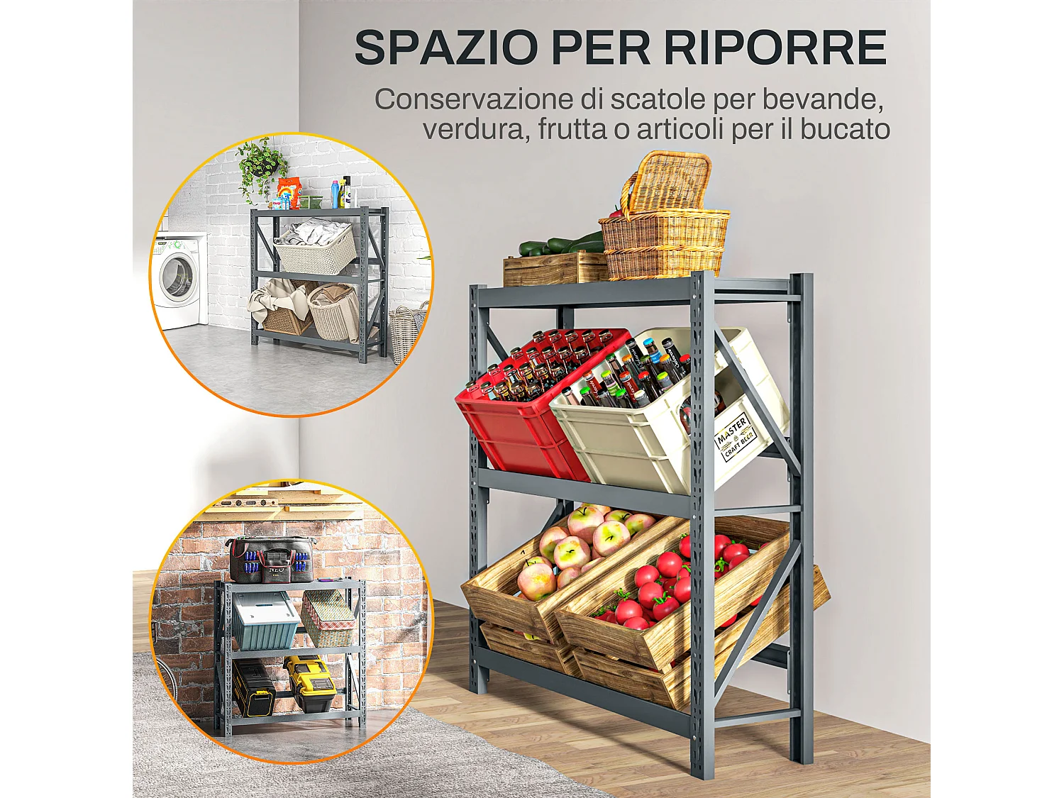 Scaffale per 6 casse di bevande a 3 livelli regolabili grigio