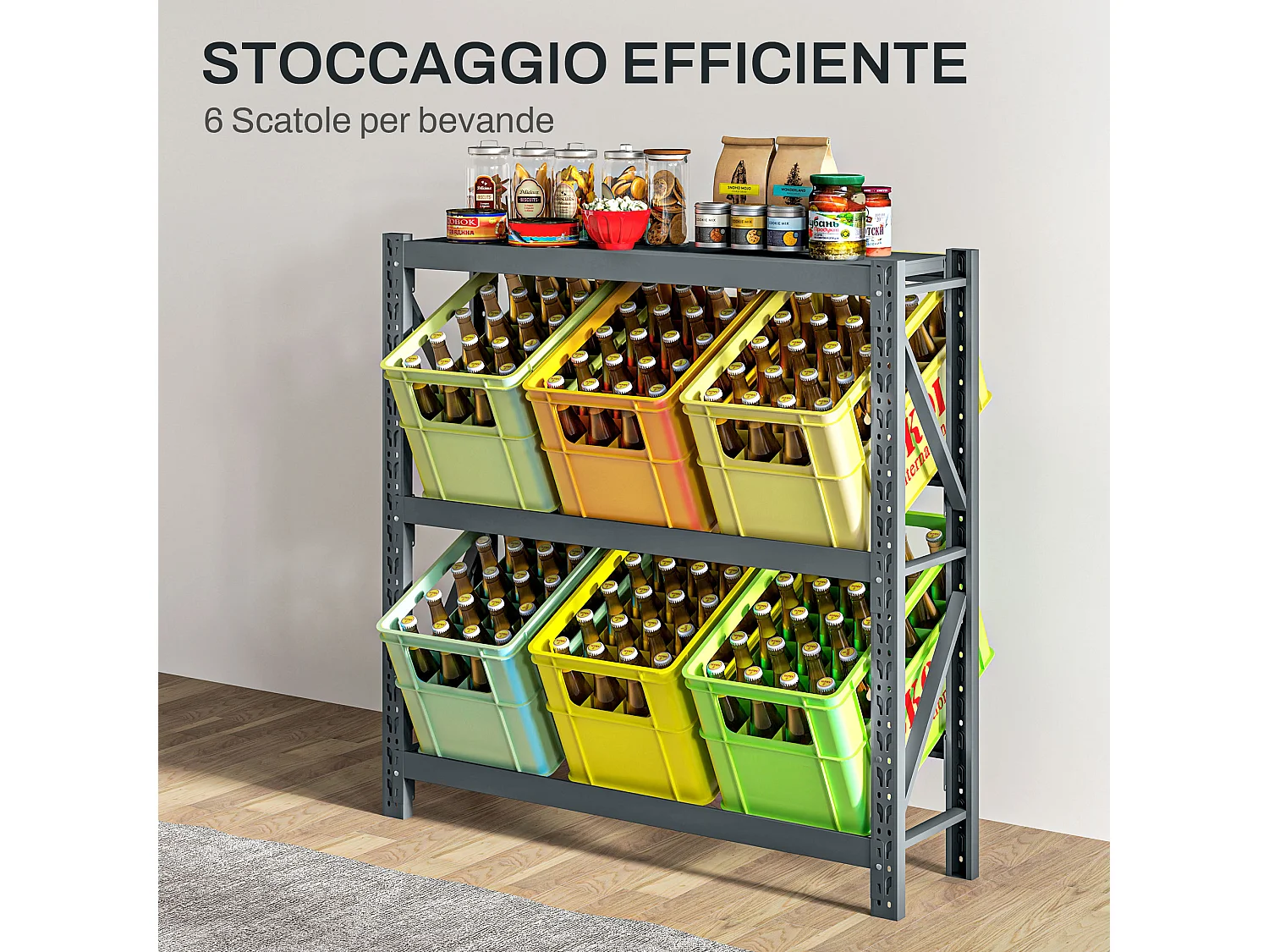 Scaffale per 6 casse di bevande a 3 livelli regolabili grigio