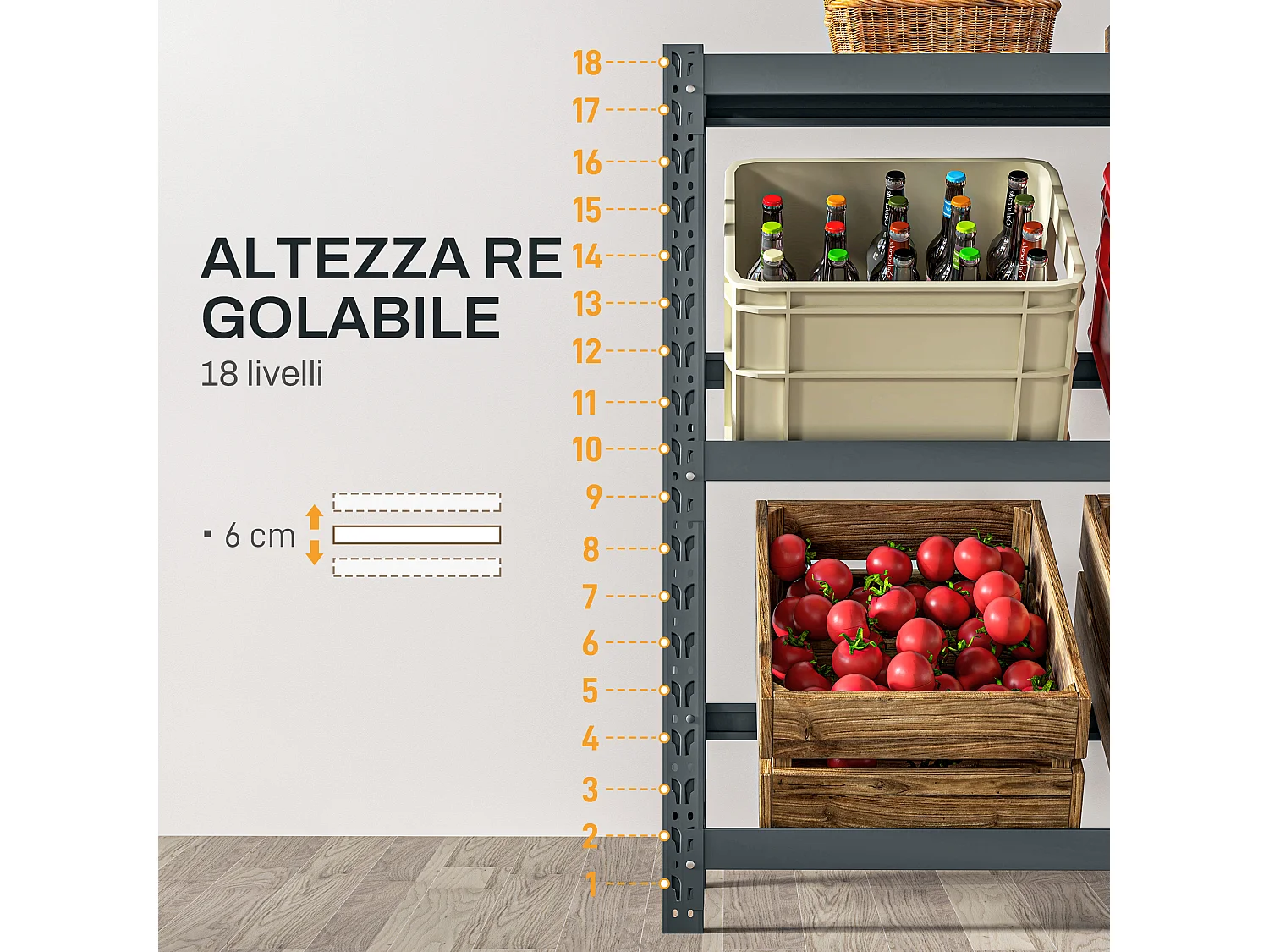 Scaffale per 6 casse di bevande a 3 livelli regolabili grigio