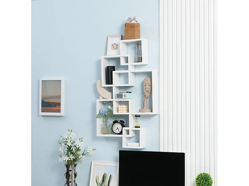 Libreria moderna sospesa con 5 cubi intrecciati in legno bianco