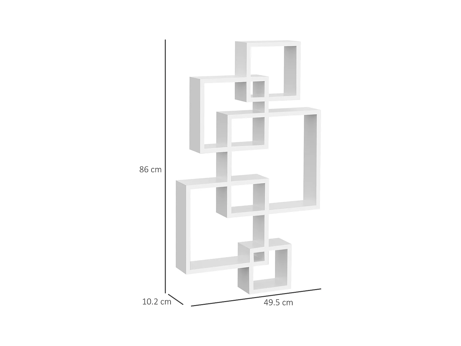 Libreria moderna sospesa con 5 cubi intrecciati in legno bianco