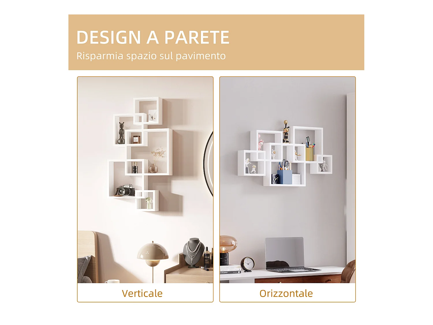 Libreria moderna sospesa con 5 cubi intrecciati in legno bianco