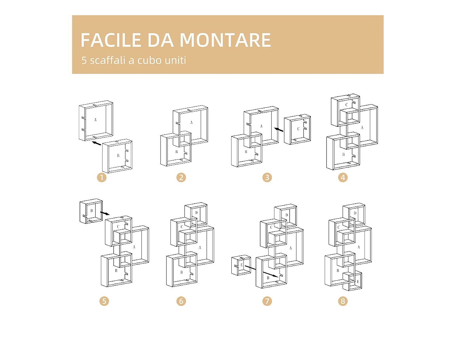 Libreria moderna sospesa con 5 cubi intrecciati in legno bianco