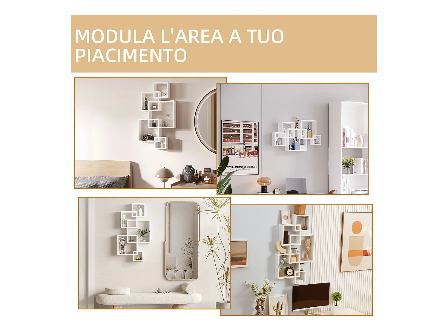 Libreria moderna sospesa con 5 cubi intrecciati in legno bianco