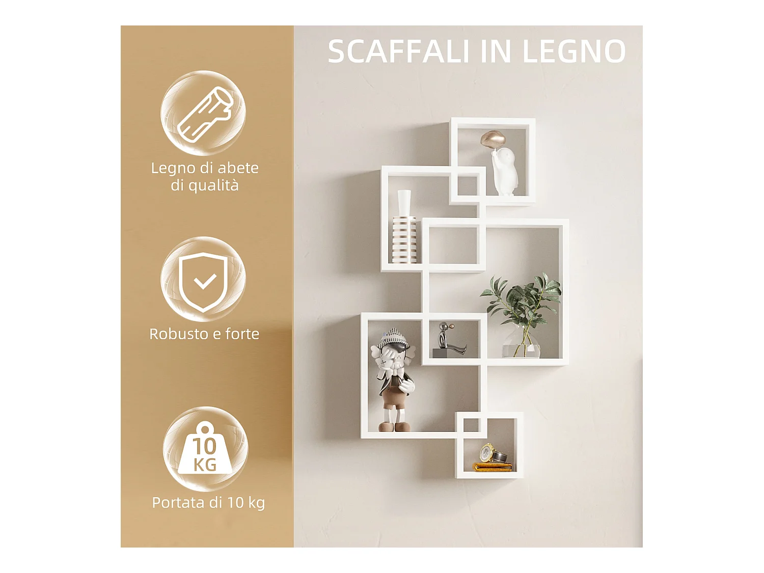 Libreria moderna sospesa con 5 cubi intrecciati in legno bianco