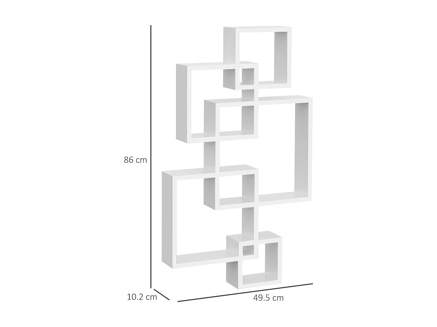 Libreria moderna sospesa con 5 cubi intrecciati in legno bianco