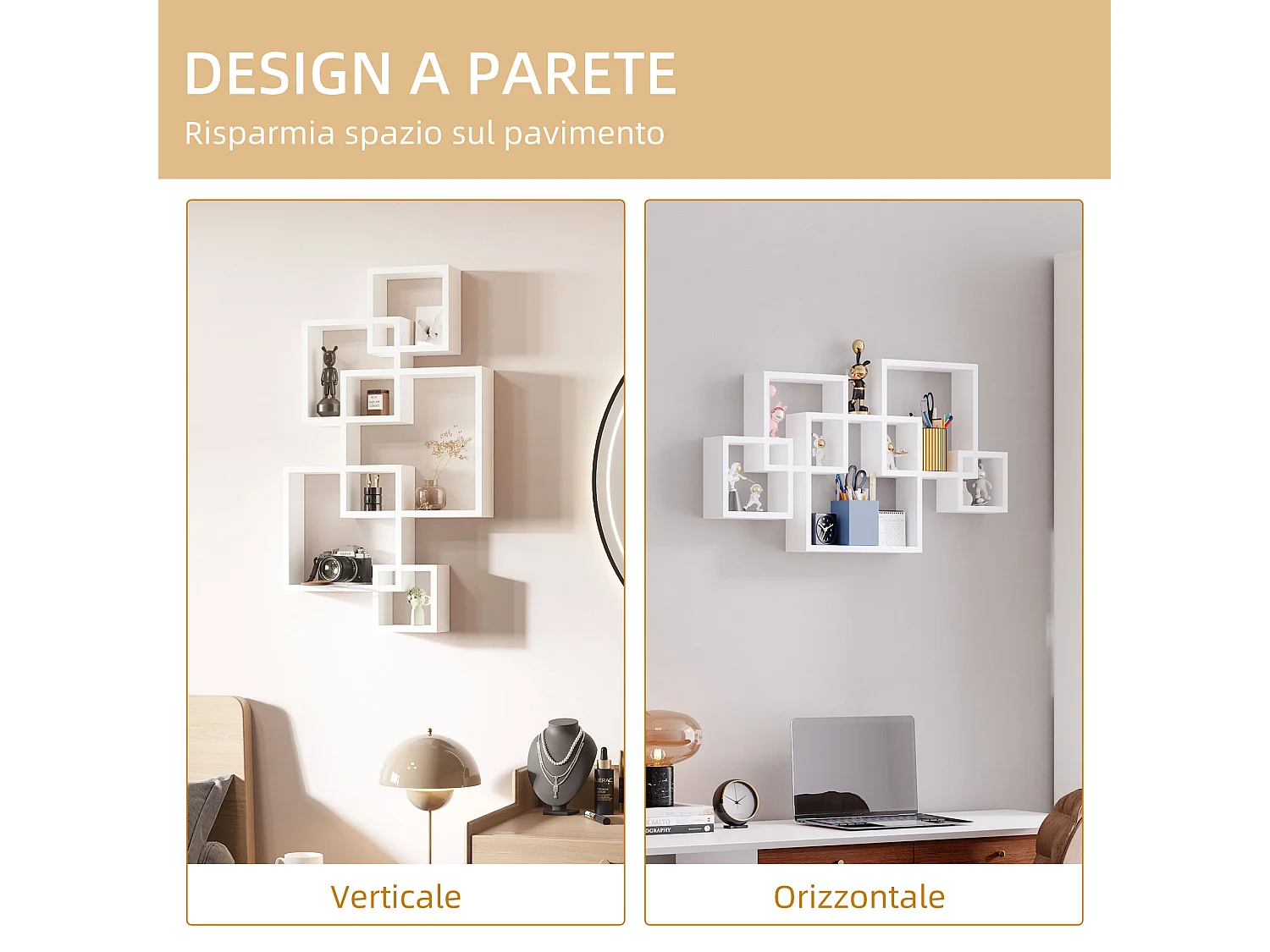 Libreria moderna sospesa con 5 cubi intrecciati in legno bianco